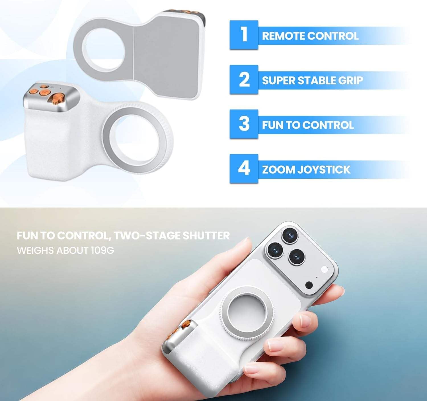 Magnetic Phone Camera Grip | Detachable Bluetooth Shutter & Zoom Control