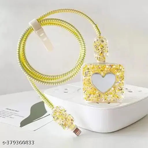 Bling Glitter Heart Mirror & Cable Protector for iPhone