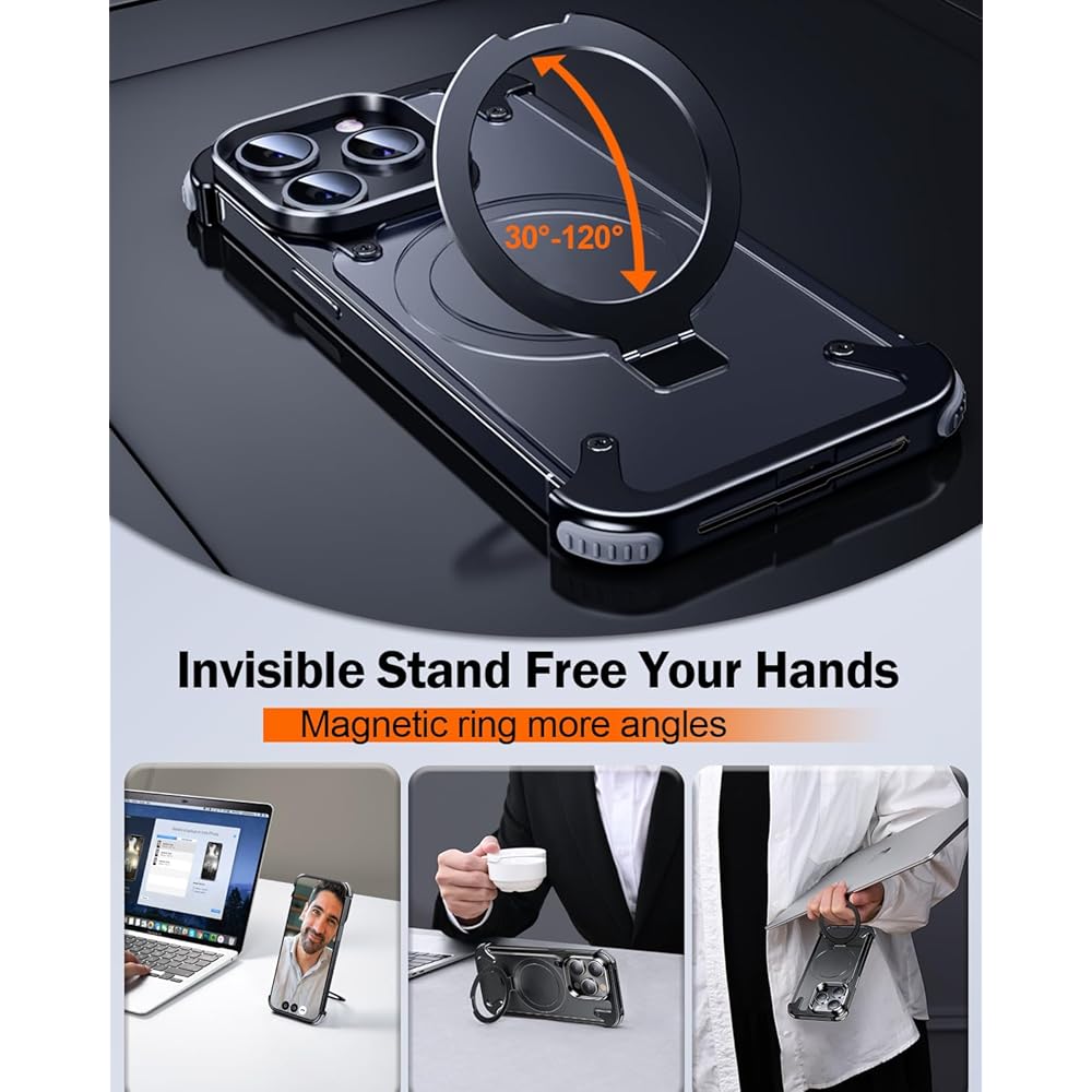 Frameless iPhone Case with Magnetic Kickstand, Ring Holder, Slim Protection