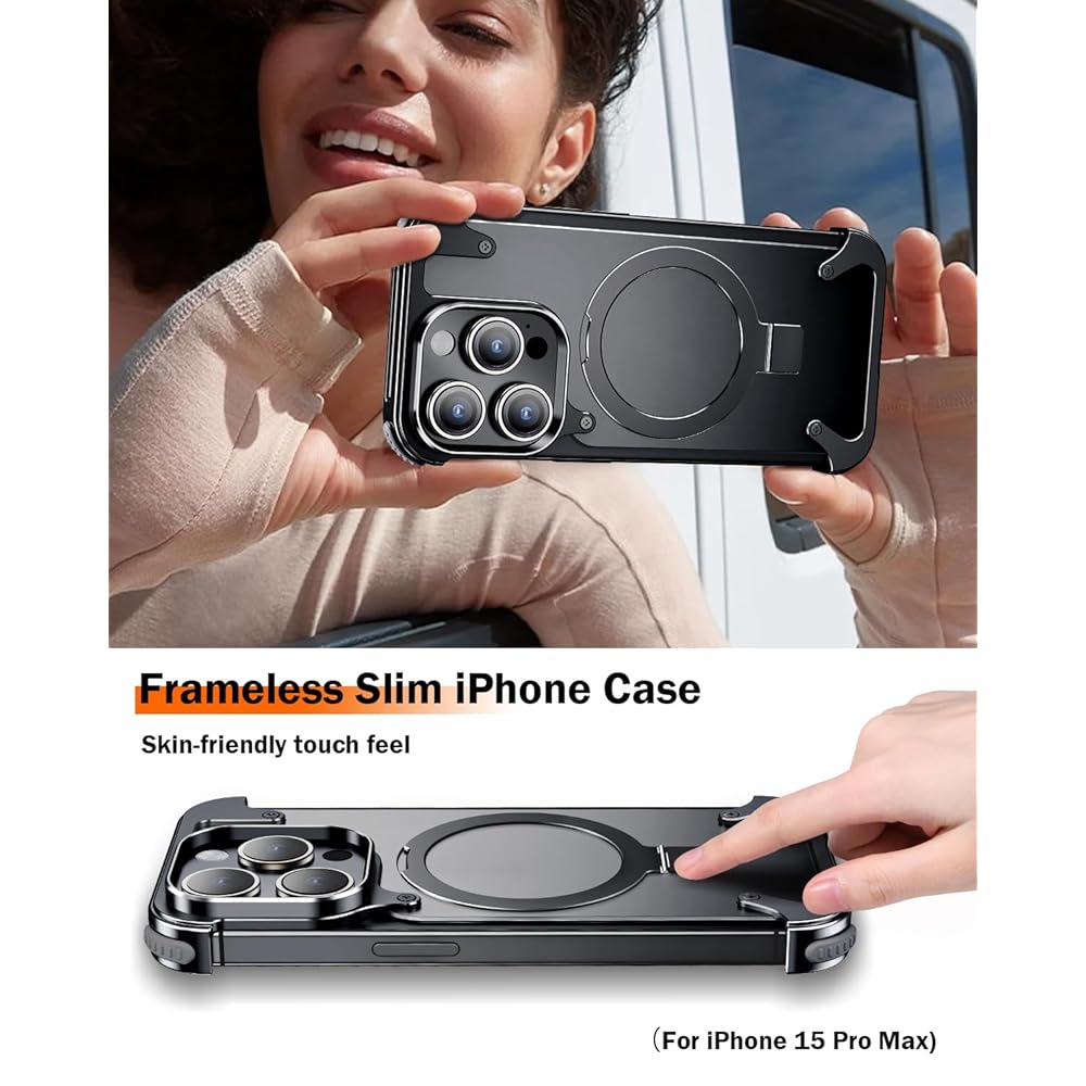Frameless iPhone Case with Magnetic Kickstand, Ring Holder, Slim Protection