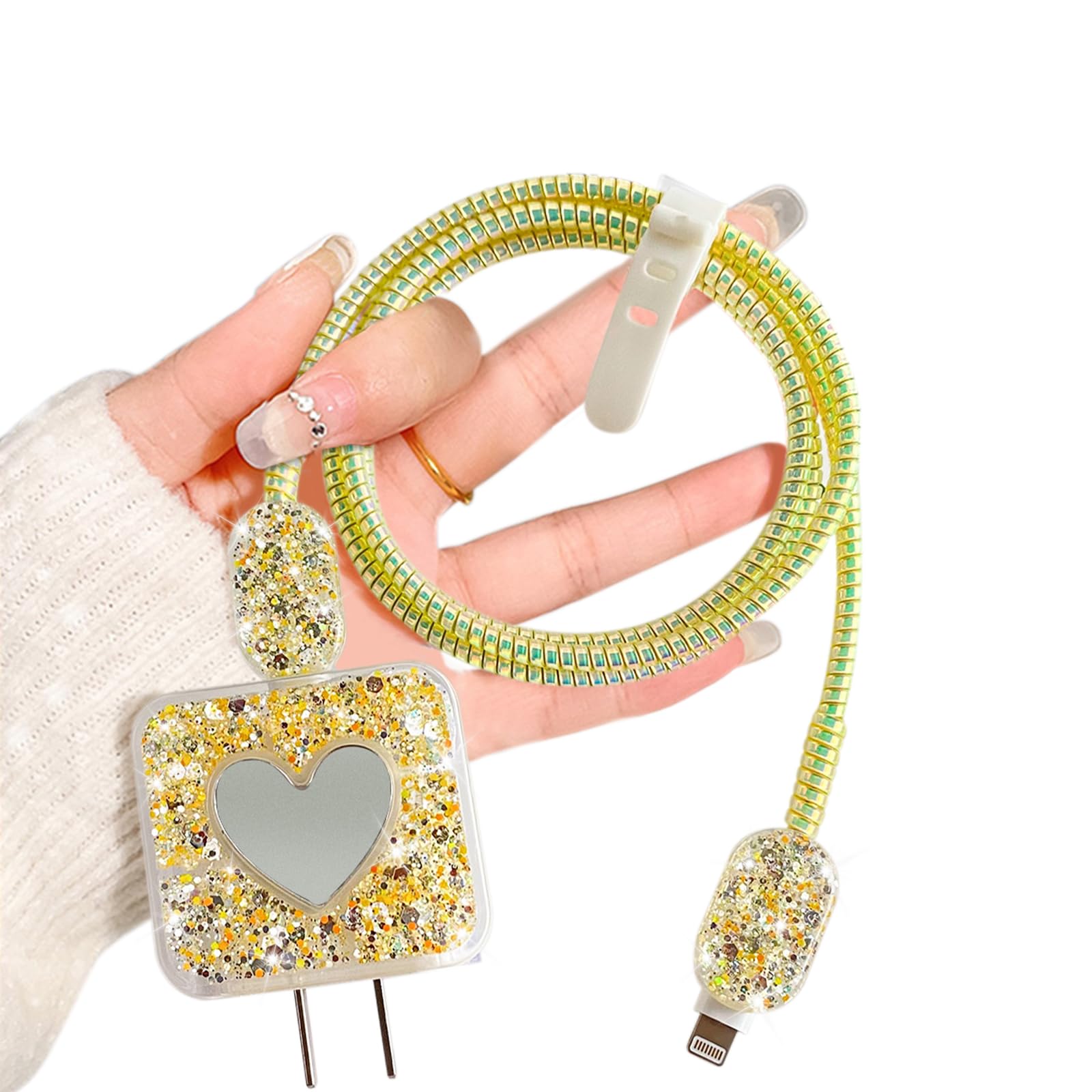 Bling Glitter Heart Mirror & Cable Protector for iPhone