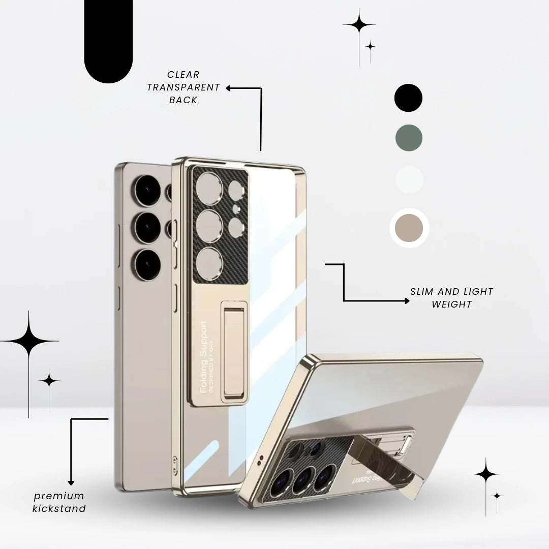 Premium transparent kickstand case with metallic chrome border