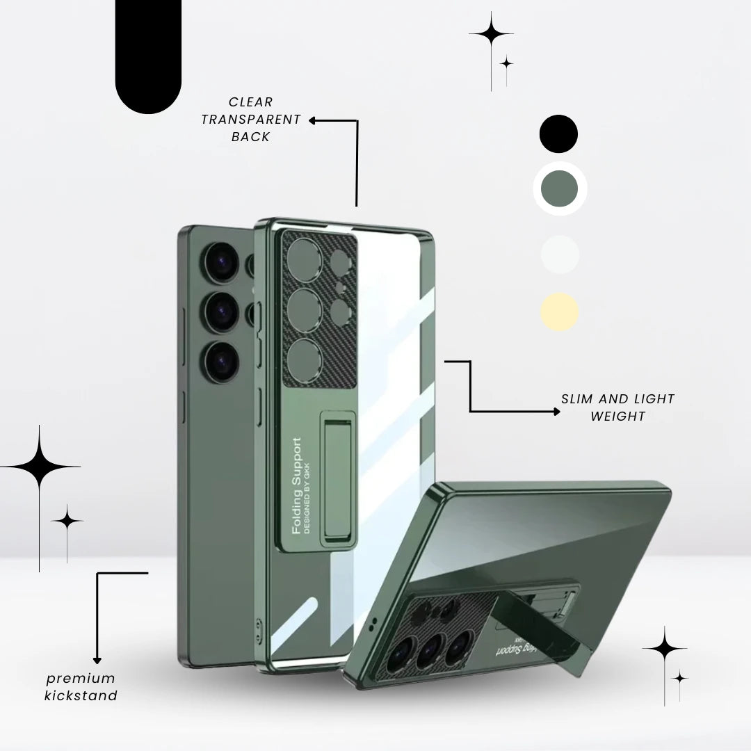Transparent phone case with chrome edges and built-in kickstand