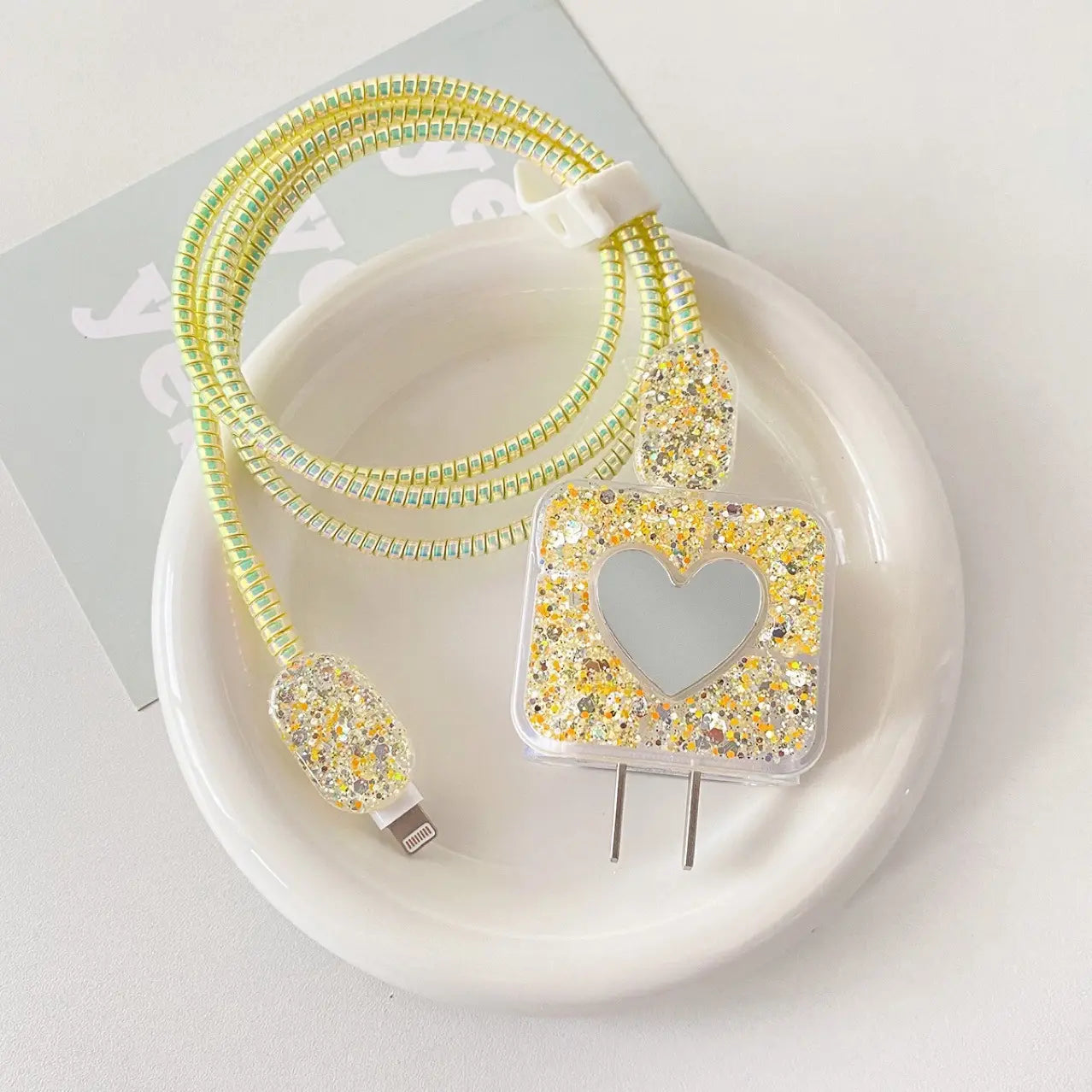 Bling Glitter Heart Mirror & Cable Protector for iPhone