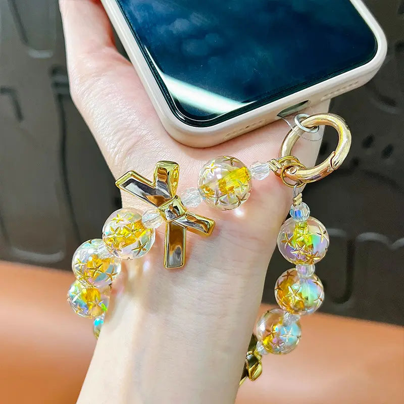 Stylish Gold and Silver Bow Wristlet Keychain with Beaded Detail