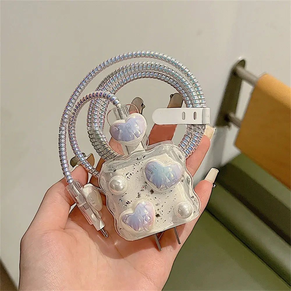 Cute Glitter Heart Wave USB Cable Protector for iPhone