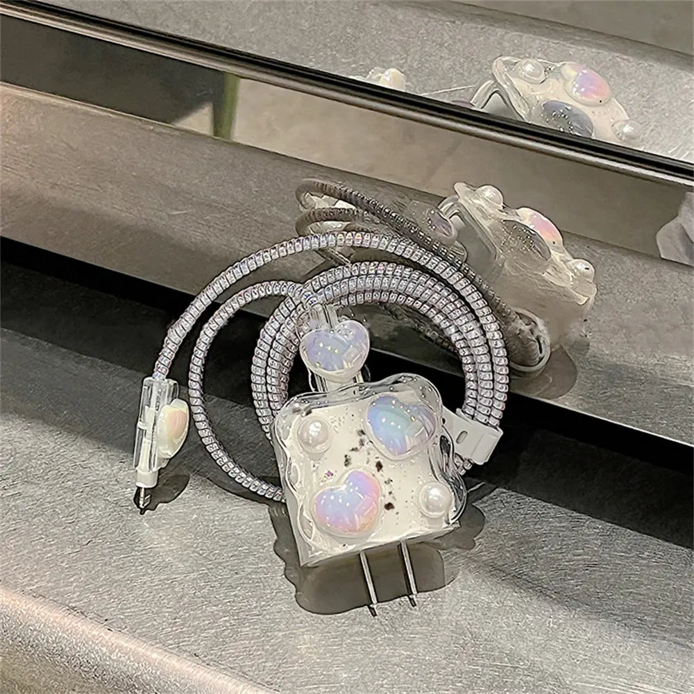 Cute Glitter Heart Wave USB Cable Protector for iPhone