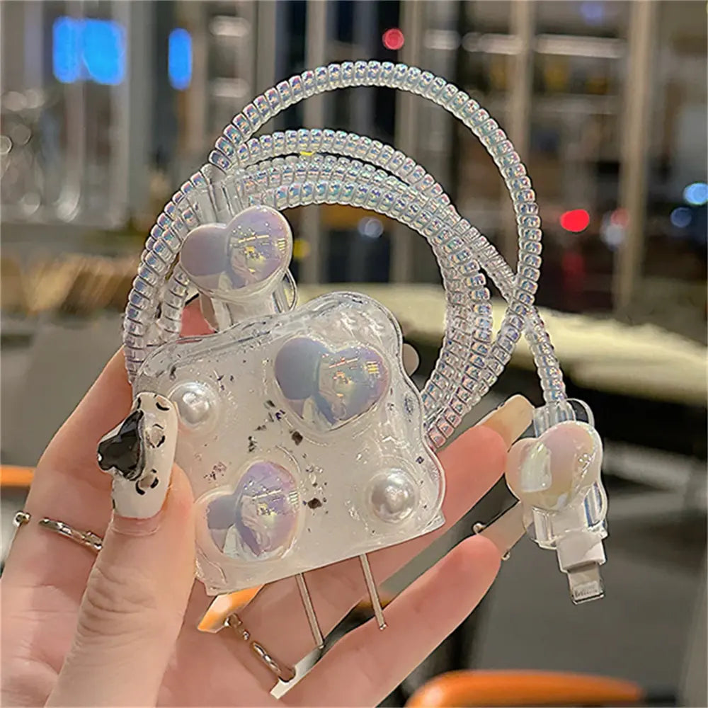 Cute Glitter Heart Wave USB Cable Protector for iPhone