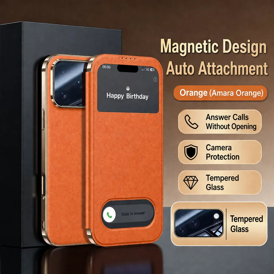 magnetic design auto attach 
elegent black flip cover 