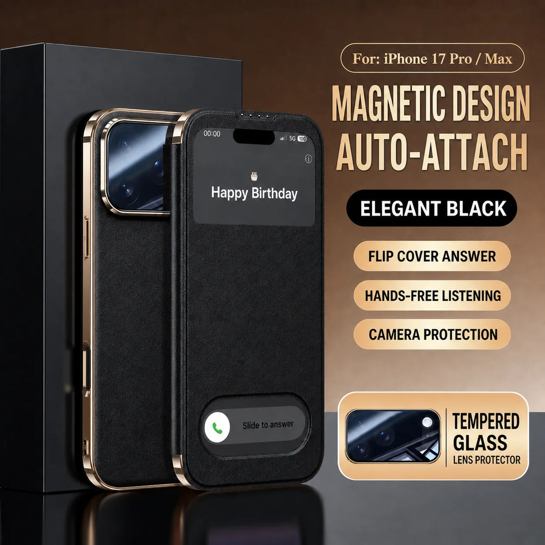 magnetic design auto attach 
elegent black flip cover 