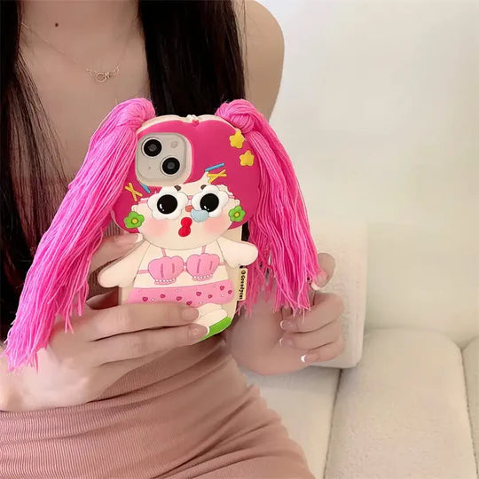 Pink Braid Doll Silicone Case for iPhone - Cute and Protective