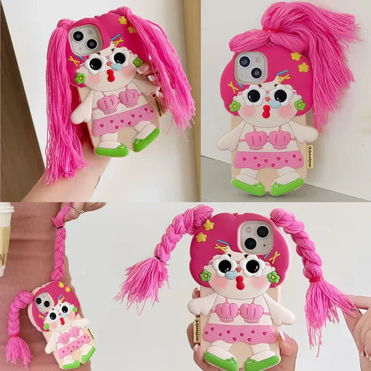 Pink Braid Doll Silicone Case for iPhone - Cute and Protective