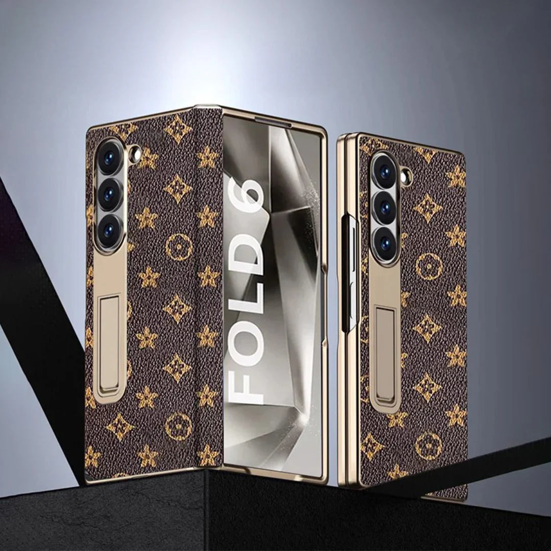 Unleash Luxury: Royal Gold Leather Kickstand Case