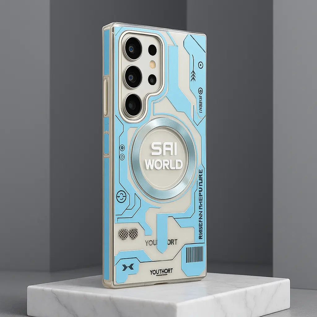 Futuristic Metaverse phone case with sleek finish sky blue